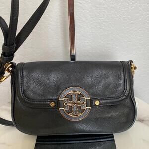 Tory Burch Black Pebbled Leather Crossbody Bag.